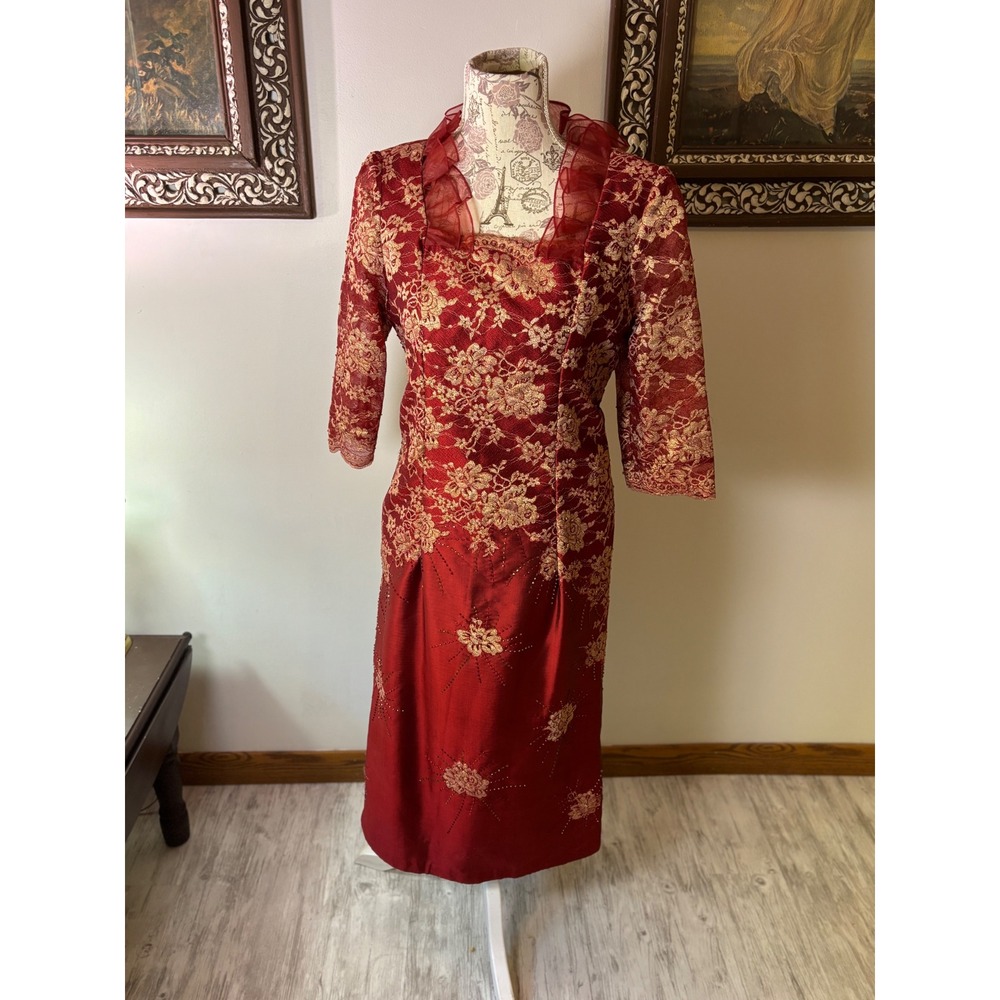 Red Gold Floral Lace Cheongsam Dress Mandarin Collar Style Evening SZ 6/8 - Picture 14 of 15